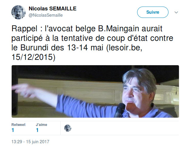 Un citoyen Belge rappelle  “l’implication” de Me MAINGAIN BERNARD dans le putsch du 13 mai 2015