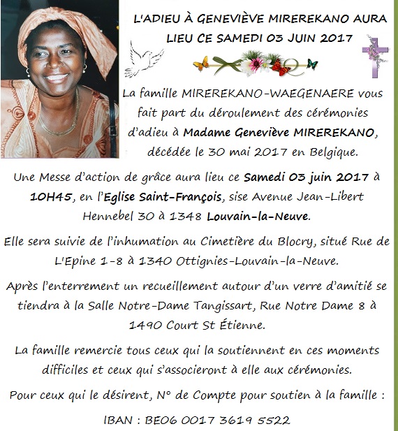 Cérémonies d’adieu à Madame MIREREKANO Geneviève ce samedi 3 juin à Louvain La Neuve