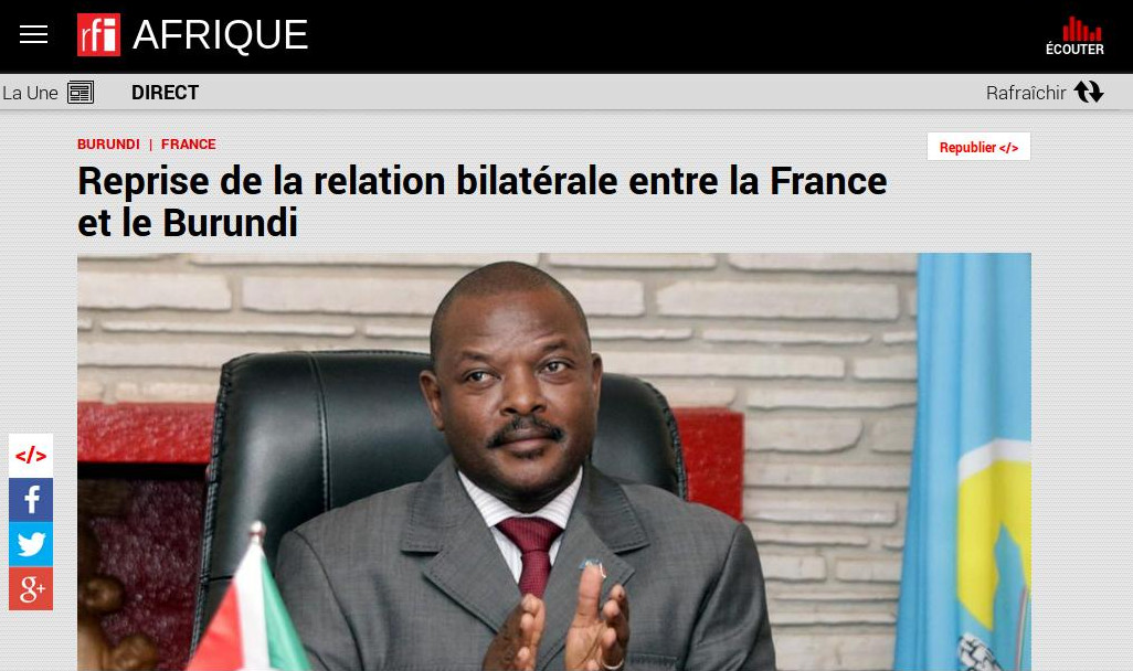 La France annonce,via RFI, sa reprise des relations bilatérales avec le Burundi à quelques mois des élections de 2020
