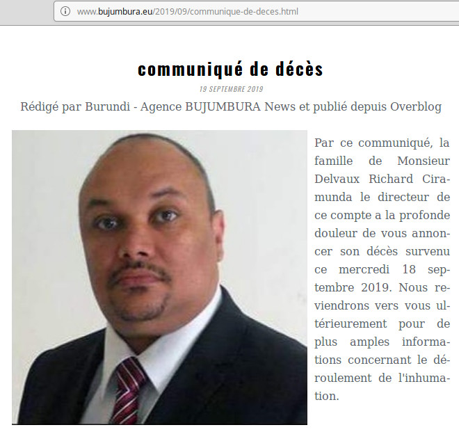 Burundi : Bruxelles - Communiqué de décès de Monsieur Delvaux Richard CIRAMUNDA, directeur de l'Agence BUJUMBURA News.