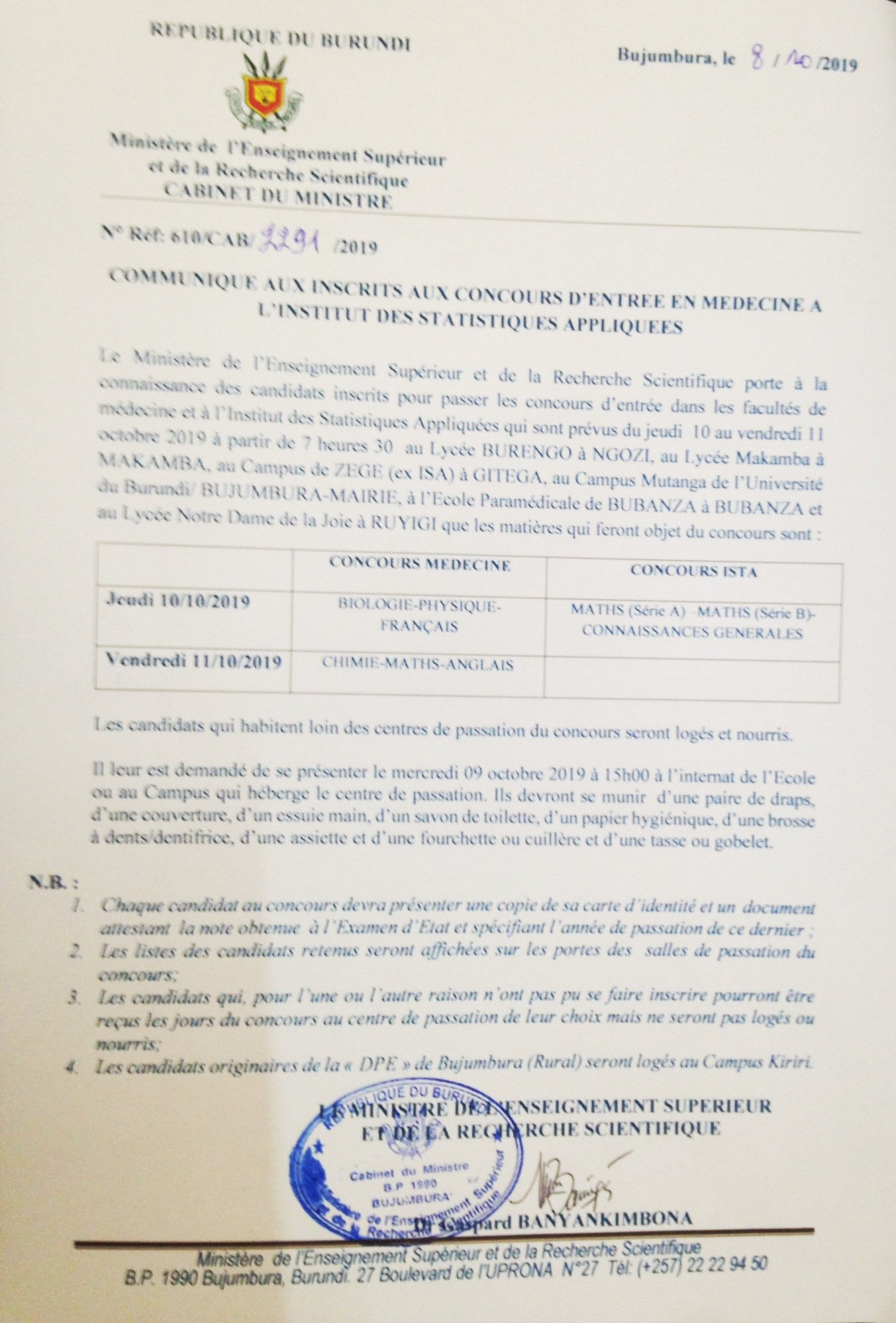 Communiqué destiné aux inscrits aux concours 2019 d'entrée en médecine  au Burundi