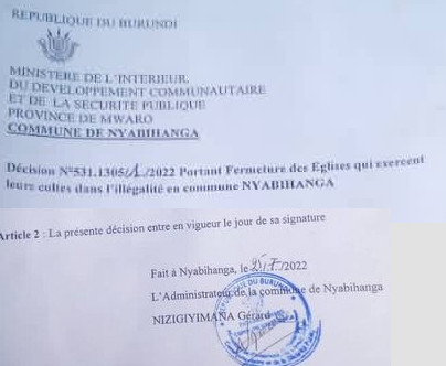 Burundi : La commune Nyabihanga ferme 17 églises et 1 mosquée / Mwaro